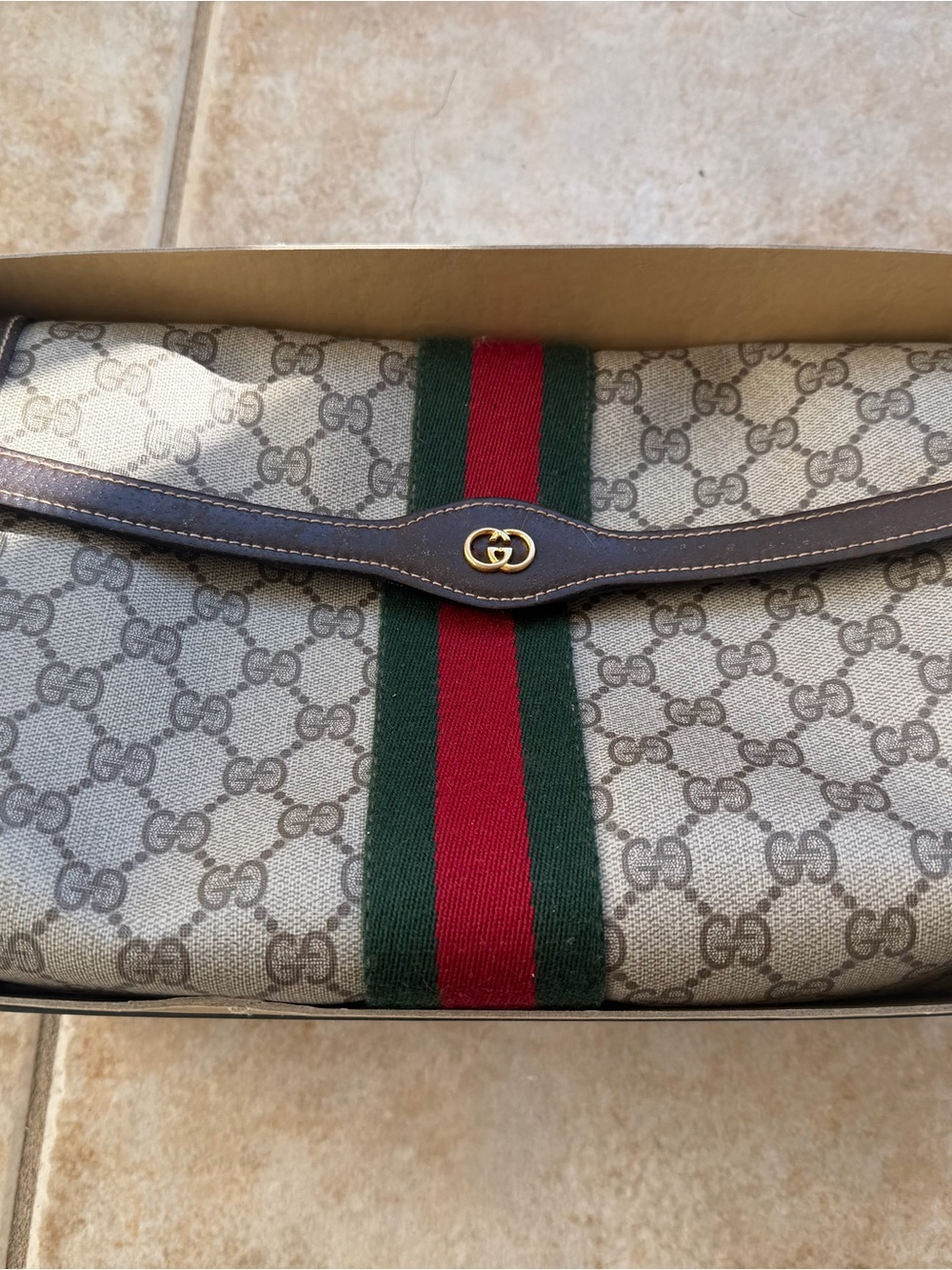 Gucci Beige GG Canvas Clutch with Green and Red Web Stripe